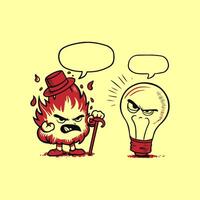 Funny cartoon fireman and light bulb with speech bubbles. vector