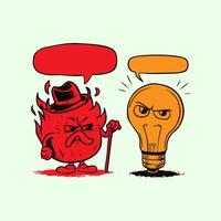 Funny cartoon fireman and light bulb with speech bubbles. vector