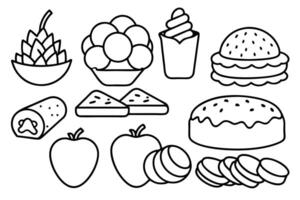 Different types foods hand-sketched line art culinary illustration style vector