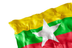 Realistic flag of Myanmar with folds, on transparent background. Footer, corner design element. Cut out. Perfect for patriotic themes or national event promotions. 3D render. png