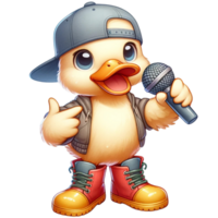 Watercolor illustration of A Hiphop duck in rubber boots and a flat brimmed cap, holding a microphone. png
