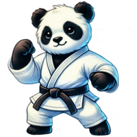 Cute panda bear wearing a white karate uniform and black belt, standing in a fighting pose. watercolor isolate transparent background. png