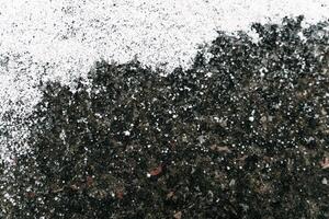 Selective focus. First snow on a frozen field plants, late autumn close-up. Beautiful abstract frozen microcosmos pattern. Freezing weather frost action in nature. Floral backdrop. photo