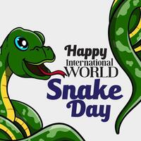 banner for World Snake Day at 16th of July with cartoon rattlesnake, typography. Holiday concept for website, poster, background, card to raise awareness about importance of snakes. vector