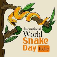 banner for World Snake Day at 16th of July with cartoon rattlesnake, typography. Holiday concept for website, poster, background, card to raise awareness about importance of snakes. vector