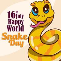 banner for World Snake Day at 16th of July with cartoon rattlesnake, typography. Holiday concept for website, poster, background, card to raise awareness about importance of snakes. vector
