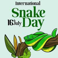 banner for World Snake Day at 16th of July with cartoon rattlesnake, typography. Holiday concept for website, poster, background, card to raise awareness about importance of snakes. vector