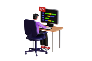 Man Doing Web Coding 3D Illustration. Man Developer Working on Project 3D Illustration png