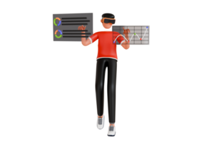Man Doing Data Analysis in VR Tech 3D Illustration. Metaverse in virtual reality business workplace visualisation png