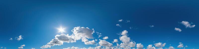 Blue sky panorama with Cirrus clouds. Seamless hdr 360 degree pano in spherical equirectangular format. Sky dome or zenith for 3D visualization, game and sky replacement for aerial drone 360 panoramas photo
