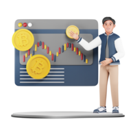 3D Character Illustration of a Boy Investing in Bitcoin. Showcasing Cryptocurrency and Blockchain Technology for Young Investors png