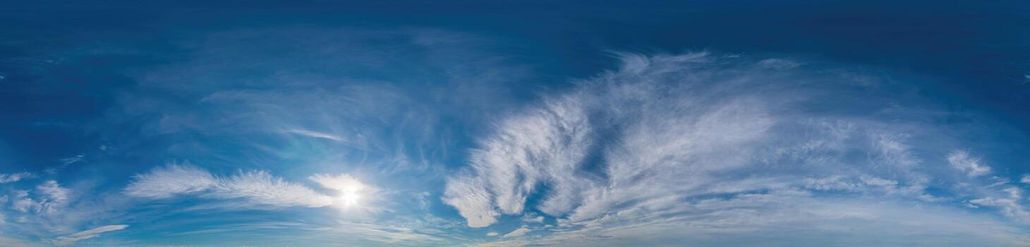 Sky panorama with Cirrus clouds in Seamless spherical equirectangular format. Full zenith for use in 3D graphics, game and editing aerial drone 360 degree panoramas for sky replacement. photo