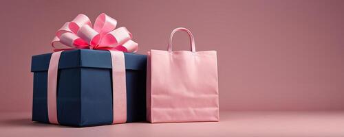 Gift boxes with red ribbons, with studio lighting and backdrop. Present, surprises, celebration and gift warping. photo
