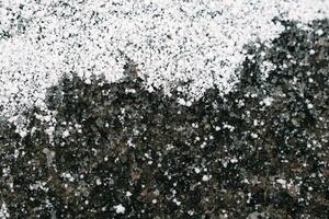 Selective focus. First snow on a frozen field plants, late autumn close-up. Beautiful abstract frozen microcosmos pattern. Freezing weather frost action in nature. Floral backdrop. photo