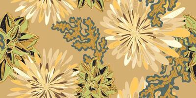 a pattern with flowers and leaves on a tan background vector