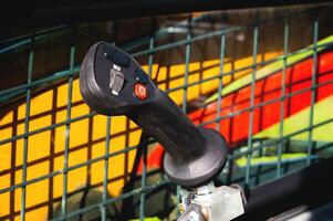 Controls of a small excavator in the cab. Background for special equipment theme concept photo