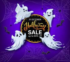 Cartoon Halloween ghost with cobweb and bats vector