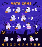 Math game worksheet with kawaii ghost characters vector