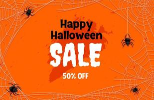 Grunge Halloween sale banner with spiders and web vector