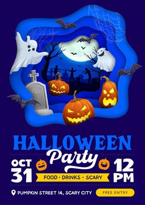 Halloween paper cut party flyer with ghosts
