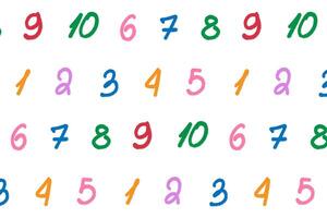 Mathematical bright pattern for children. Colorful numbers for seamless print for kids educational product design. Handwritten red, blue, green numbers on a white background. vector
