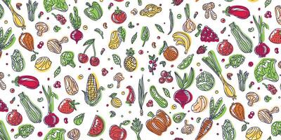 Vegetables and fruits in color. Seamless hand drawn doodle pattern on dark background. Illustration for background, card, poster, banner, textile print, cover, web design. vector