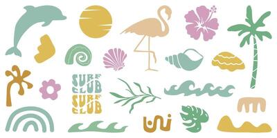 Retro Groovy Surf Club in trendy Boho style. Naive Geometric Summer Palm Tree. Simple background of sun sea. Retro Summer Beach Hand Drawn isolated illustration. Vintage Surf Club. illustration vector