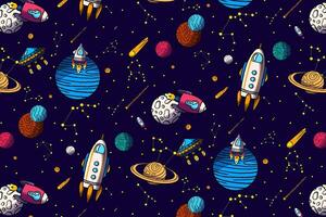 Seamless pattern with hand drawn space elements of space, rocket, star, planet, space probe. vector