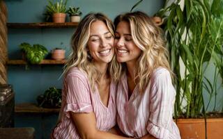 Two smiling young women hugging indoors with plants in the background photo