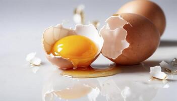 Broken egg with yolk and shell on white surface photo