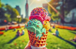 Close-up of Colorful Ice Cream Cone in Park photo