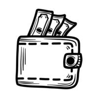Wallet with money in linear style. Black sketch drawing vector