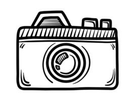 Modern photo camera drawing in linear black style on white background. Illustration sketch camera device vector