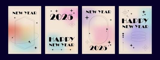 Y2k happy New Year 2025 retro poster set. Minimalist Design template with stars, shapes vector