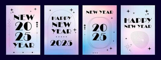 Set of modern minimalist New Year posters with Y2K line geometric shapes. vector