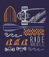 Illustration in sketch style and elements of surfing, skateboarding and paddle surfing. Art in stripped and dynamic lines. vector