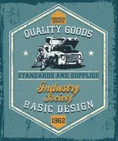 Old and worn style illustration of garage emblem with workshop and auto parts. Art with old car and lettering. vector