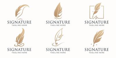 set of abstract signature feather pen logo design template golden color branding on white background vector