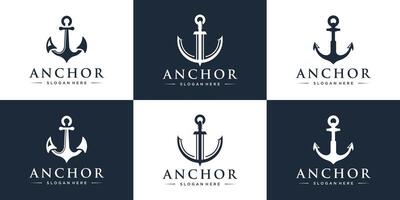Set of sea anchor symbol set isolated on black and white background illustration vector