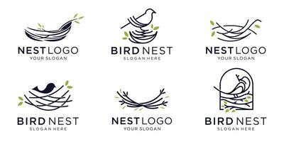 minimalist of bird's nest logo design collection. bird nest with simple roots and leaves illustration. vector
