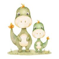 Mommy and baby dinosaurs in meadow. Childish Print with Tyrannosaurus rex dinos. Isolated hand drawn Watercolor illustration for design kid's goods, cards, scrapbook, office supplies vector