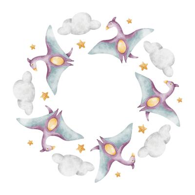 Cute dinosaur flying in clouds and stars. Isolated hand drawn watercolor seamless frame of dino. Wreath of pterodactylus for children's invitation cards, baby shower, decoration of kid's rooms