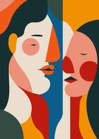 Vibrant abstract illustration featuring two stylized faces in bold geometric shapes and colors vector