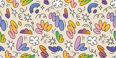 A vibrant seamless pattern featuring abstract floral shapes, colorful squiggle doodles and groovy lines. Perfect for retro-inspired decor and creative projects. vector