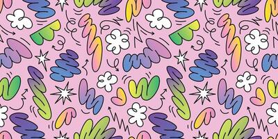 Abstract seamless pattern featuring groovy doodles, squiggle shapes and colorful gradients, evoking a playful, retro 70s vibe vector