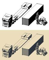 Truck with trailer and forklift with container vector