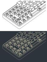 Mechanical keyboard isometric close-up drawings vector