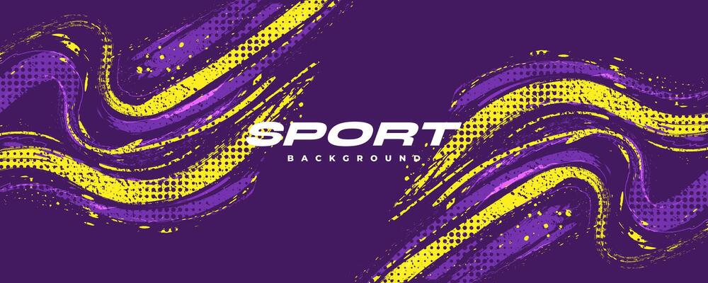Abstract Sports Background with Purple and Yellow Brush Texture and Halftone Effect. Grunge Background for Banner or Poster Design