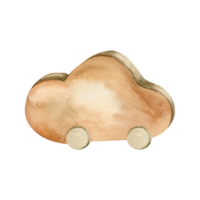 Watercolor wooden toy for little children, brown boho wooden cloud illustration. Toy for baby in wheels, eco friendly playing, minimalism, scandi style. For room postern, decor, baby shower invitation png