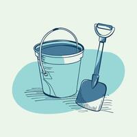 Simple illustration of a pail and shovel, essential for building sandcastles, in a minimalist style. vector